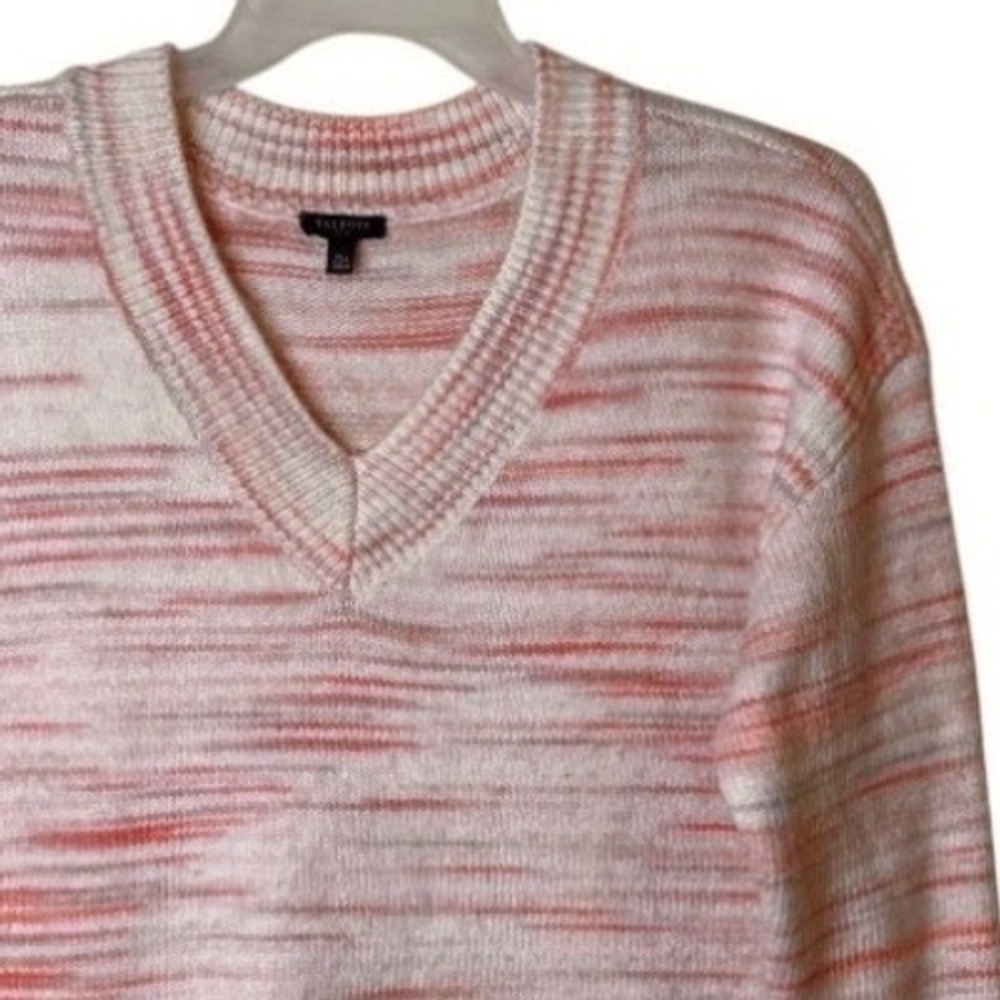 Talbots Petite Womens XL Pink White Striped V-Neck Pullover Sweater Space Dye